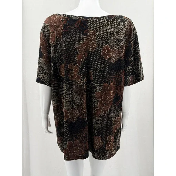 White Stag Top Womens 4X Brown Floral Stretch Boho Mature Travel Short Sleeve - Picture 5 of 9